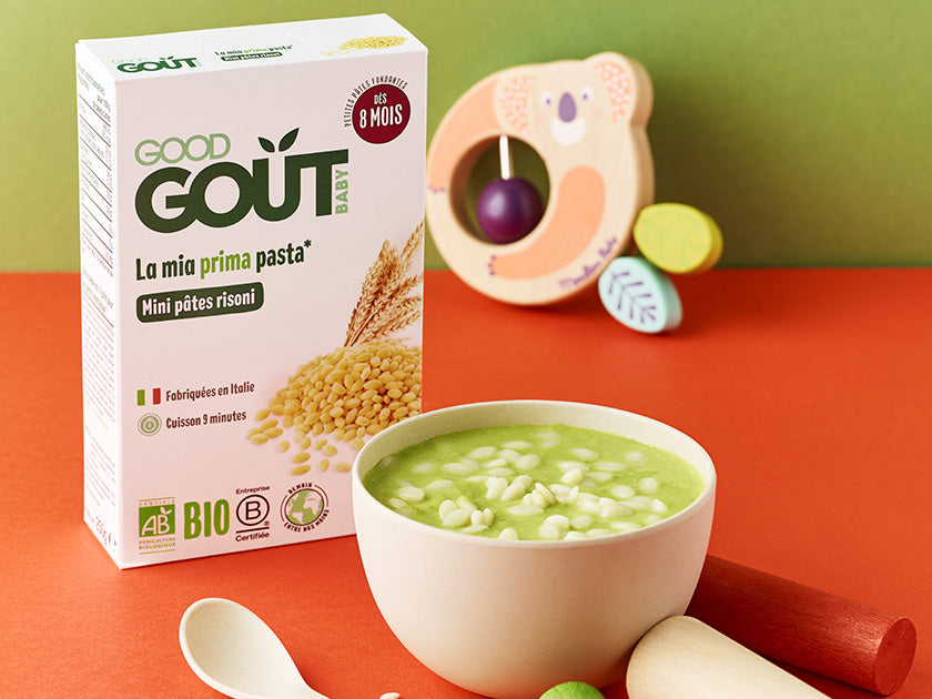 Recette de velouté de petits pois, chèvre et pâtes dès 8 mois